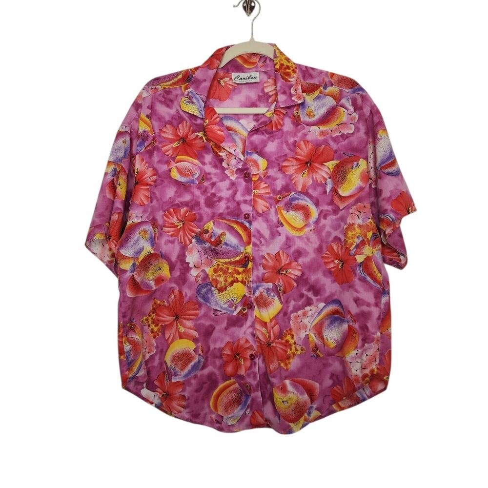 Vintage Caribou Fish Coastal Hawaiian Aloha Button Shirt Grandma Beach Sz 16